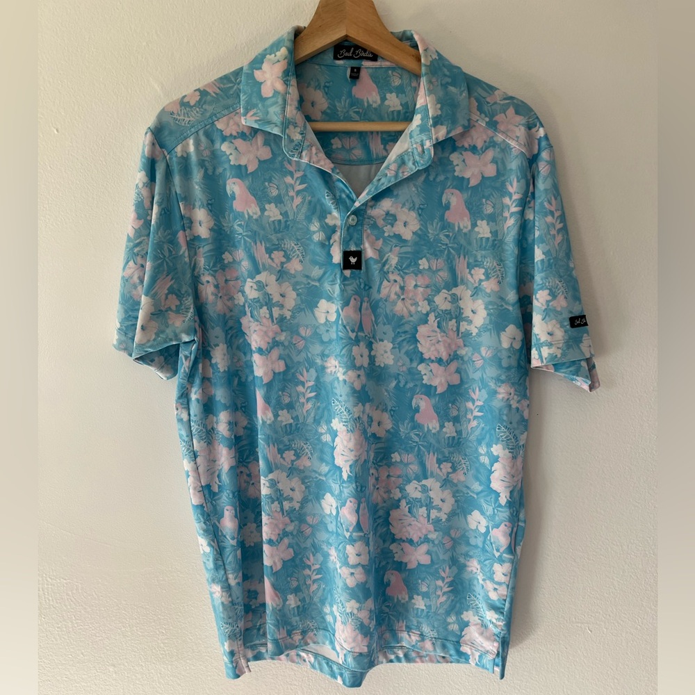 Bad Birdie Rainforest Rascal Golf Polo Light Blue & Pink Floral With Parrots